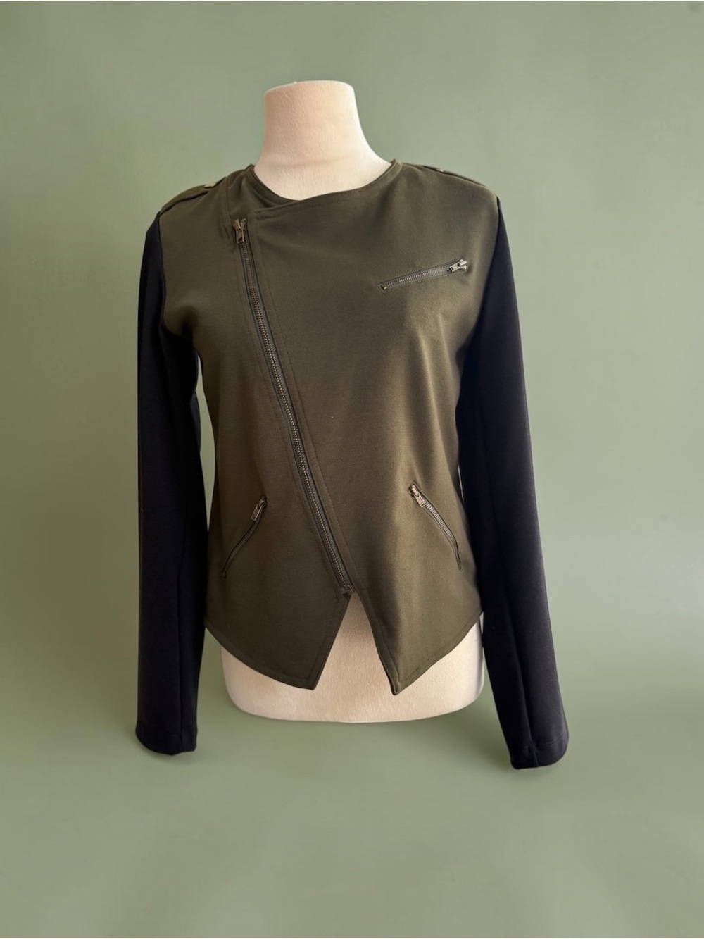 Mossimo Olive Green & Black Moto Jacket Blazer Small S Zip Color Block (851-6)
